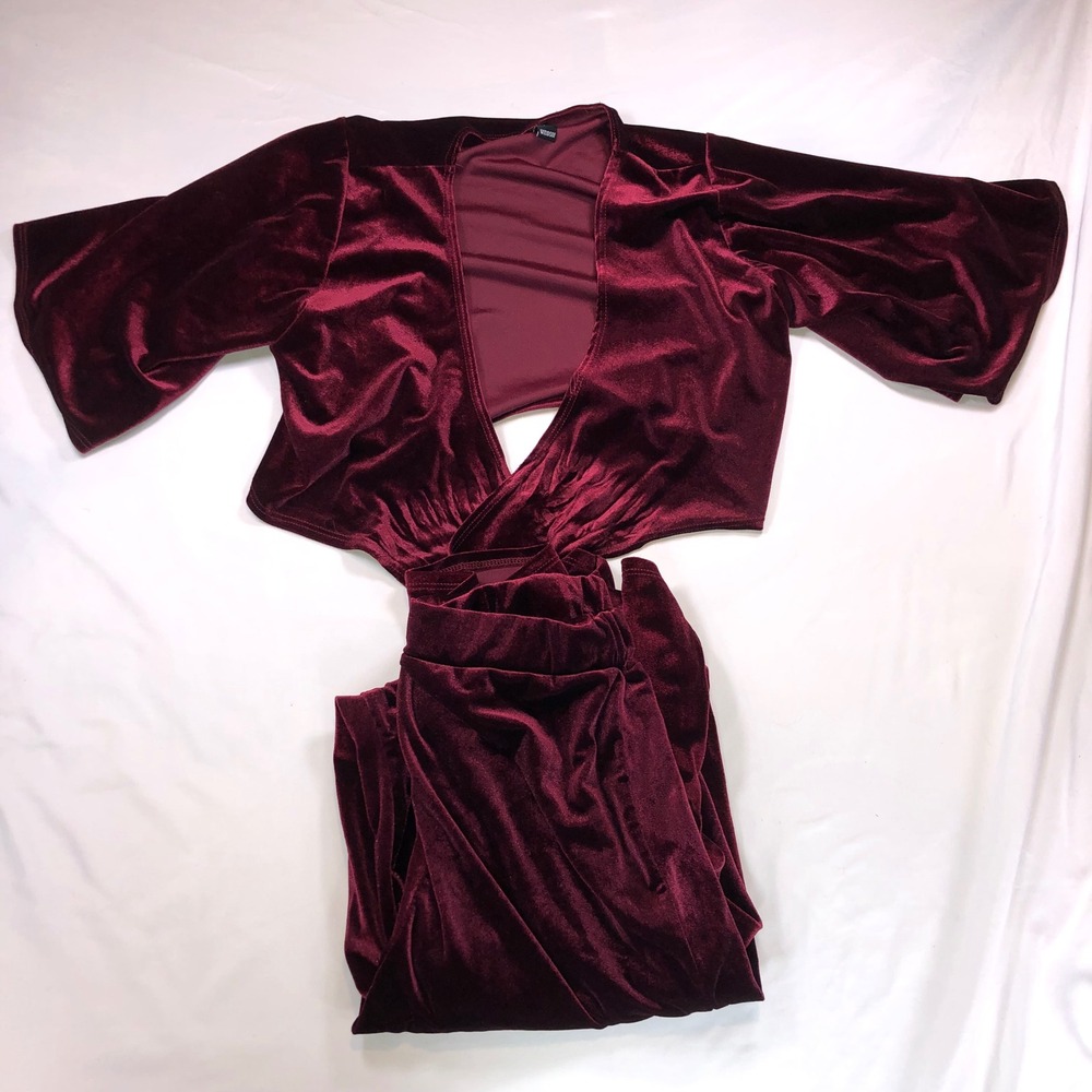 Windsor Burgundy Velvet 2 Piece Set Crop Wrap Top Wide Leg Pants Womens Wine Red